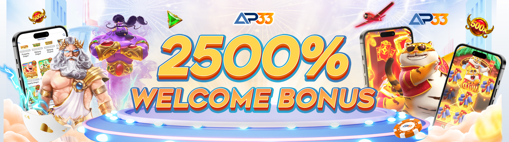 AP33 official banner: 2500% Welcome Bonus promotion