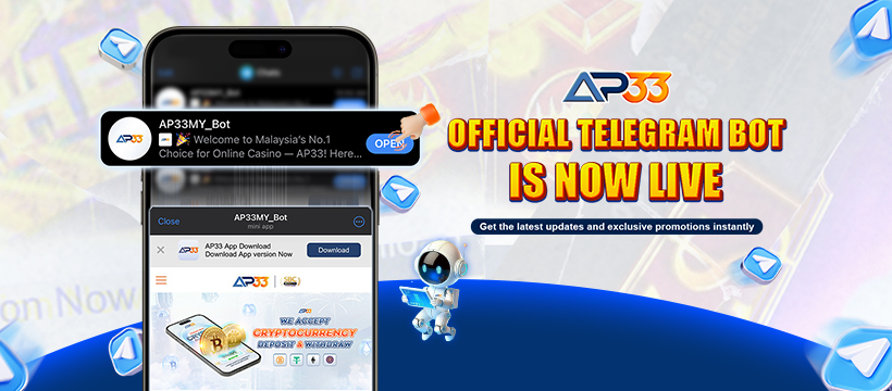 AP33 promotional banner announcing the launch of the official Telegram bot with a smartphone interface, AP33 logo, and robot mascot.